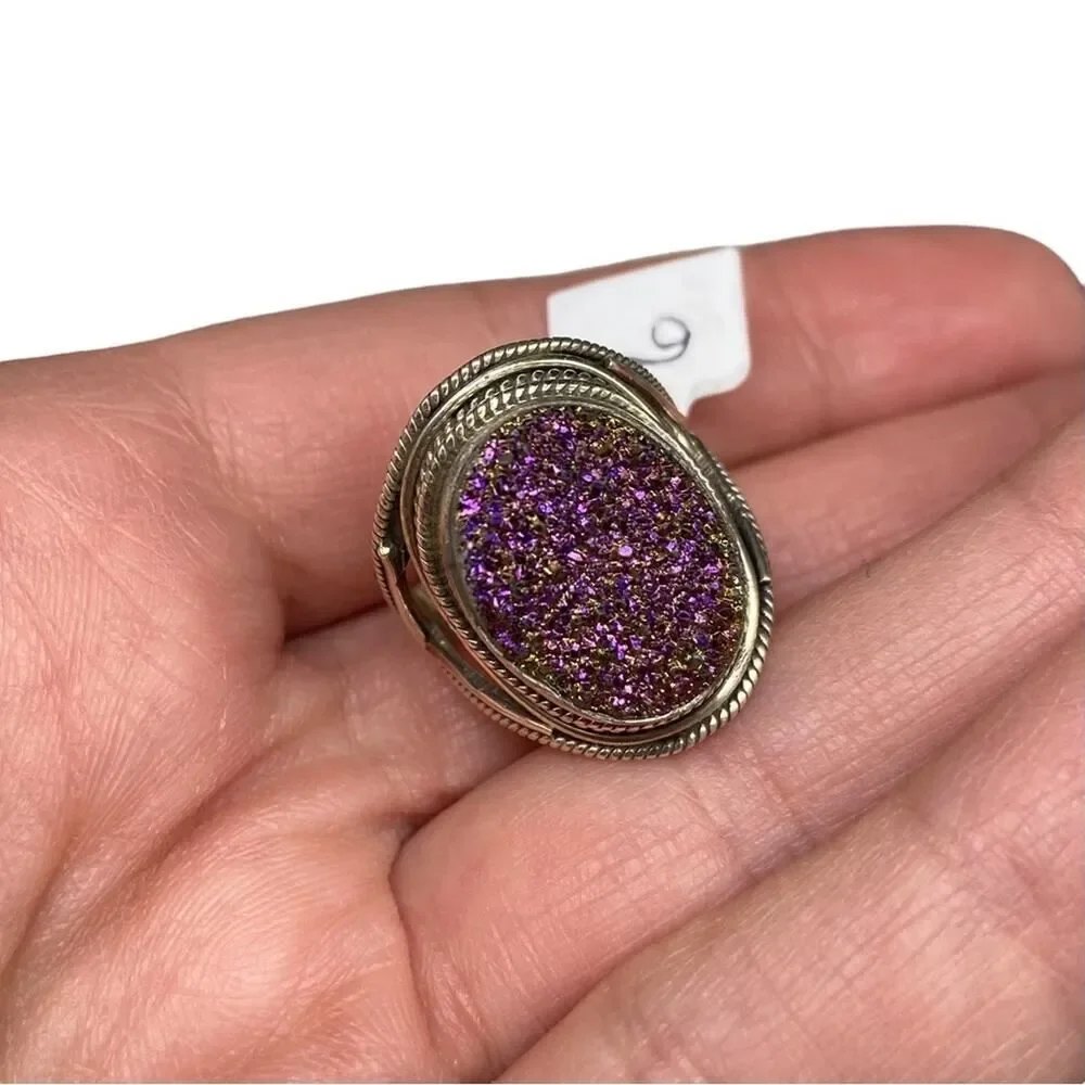 Purple Druzy Ring Solid Sterling Silver 925 Size 6 Natural Stone Oval Boho